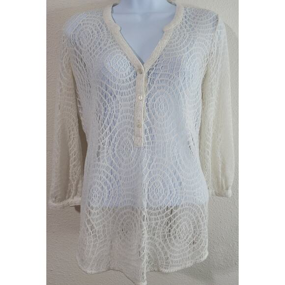Lucky Brand Cream Crochet Henley Sweater Top Small Lightweight Soft Rounded Hem - Picture 1 of 4
